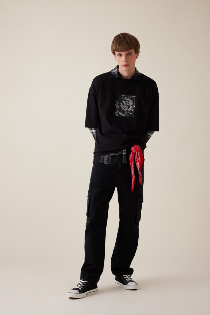 Erkek Siyah %100 Pamuk Baggy Fit Geniş Kalıp Normal Bel Geniş Paça Kargo Cepli Jean Pantolon