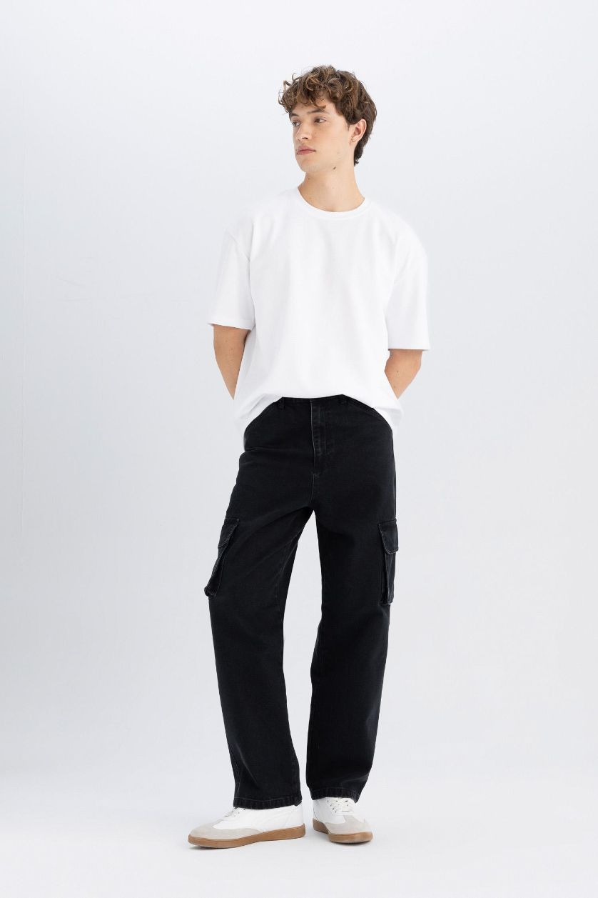 Erkek Siyah %100 Pamuk Baggy Fit Geniş Kalıp Normal Bel Geniş Paça Kargo Cepli Jean Pantolon