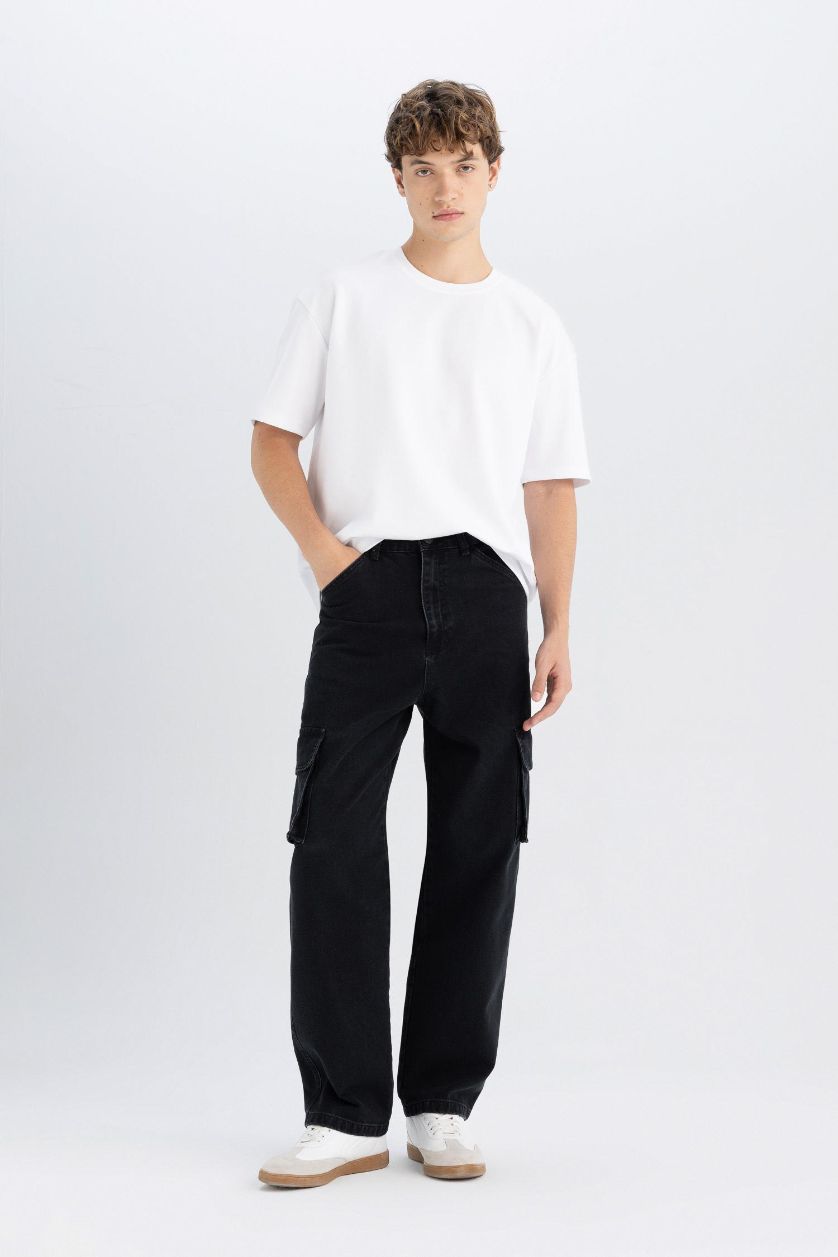Erkek Siyah %100 Pamuk Baggy Fit Geniş Kalıp Normal Bel Geniş Paça Kargo Cepli Jean Pantolon