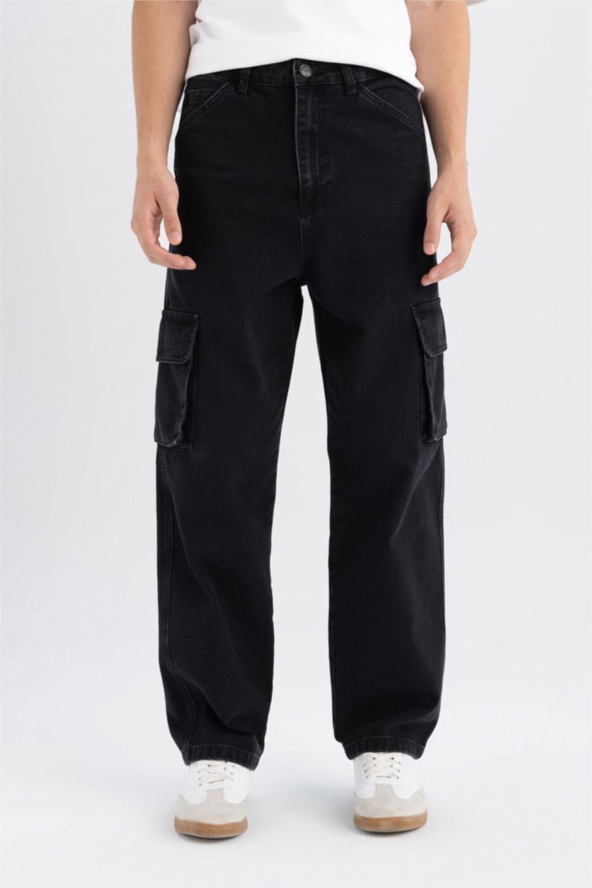 Erkek Siyah %100 Pamuk Baggy Fit Geniş Kalıp Normal Bel Geniş Paça Kargo Cepli Jean Pantolon