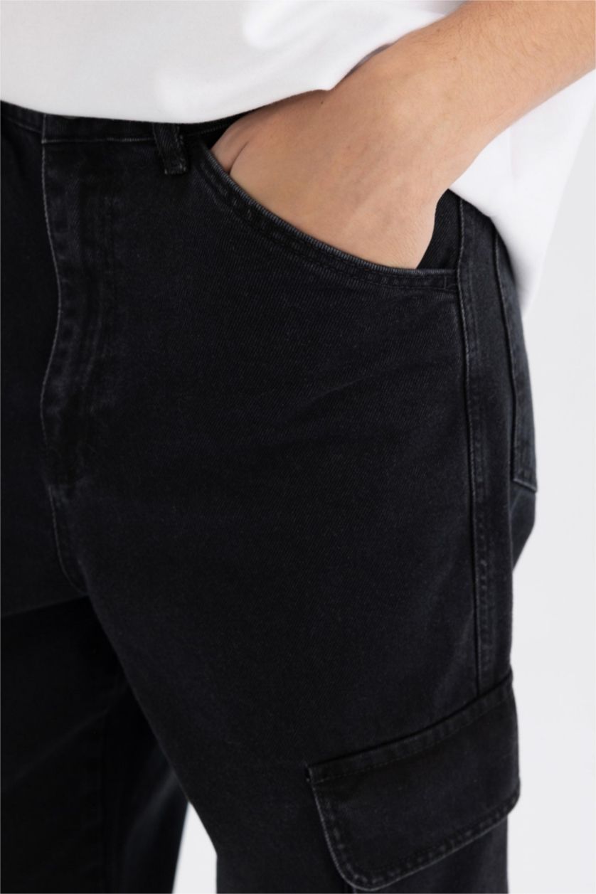 Erkek Siyah %100 Pamuk Baggy Fit Geniş Kalıp Normal Bel Geniş Paça Kargo Cepli Jean Pantolon