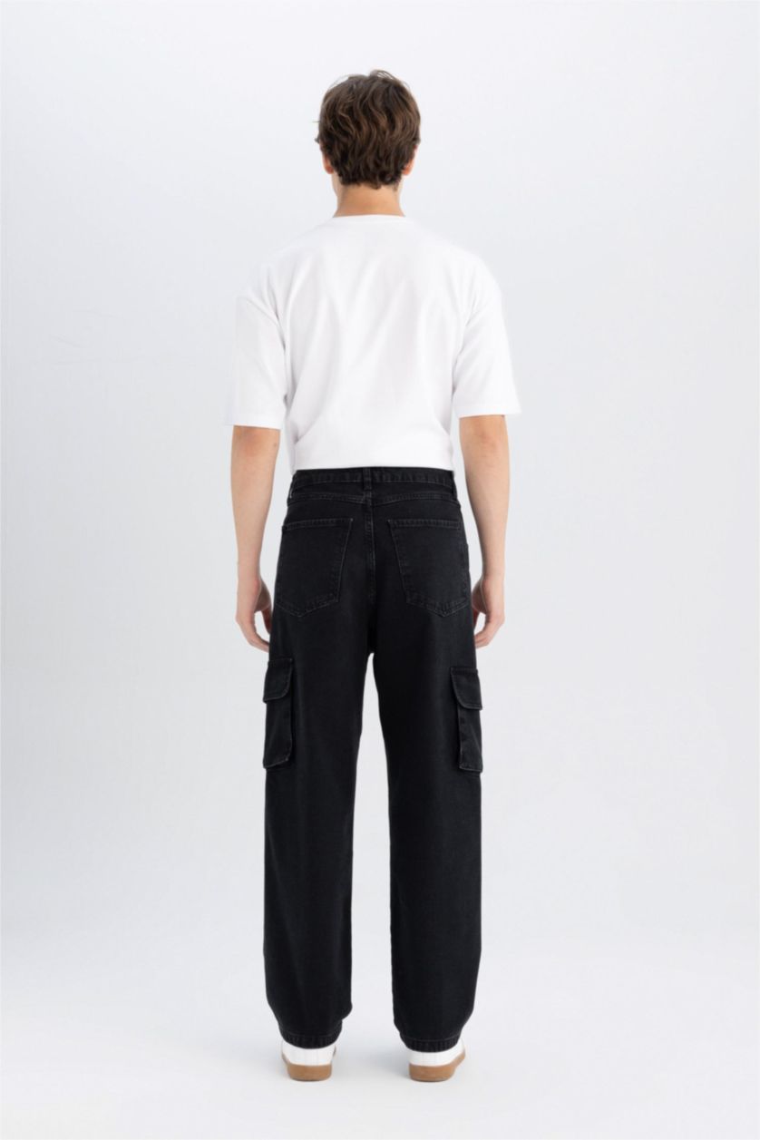Erkek Siyah %100 Pamuk Baggy Fit Geniş Kalıp Normal Bel Geniş Paça Kargo Cepli Jean Pantolon