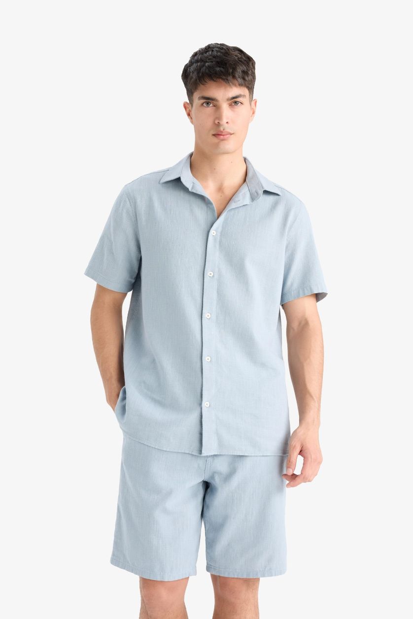 Man Light Blue Cotton Relax Fit Pocketed Linen Look Bermuda Shorts