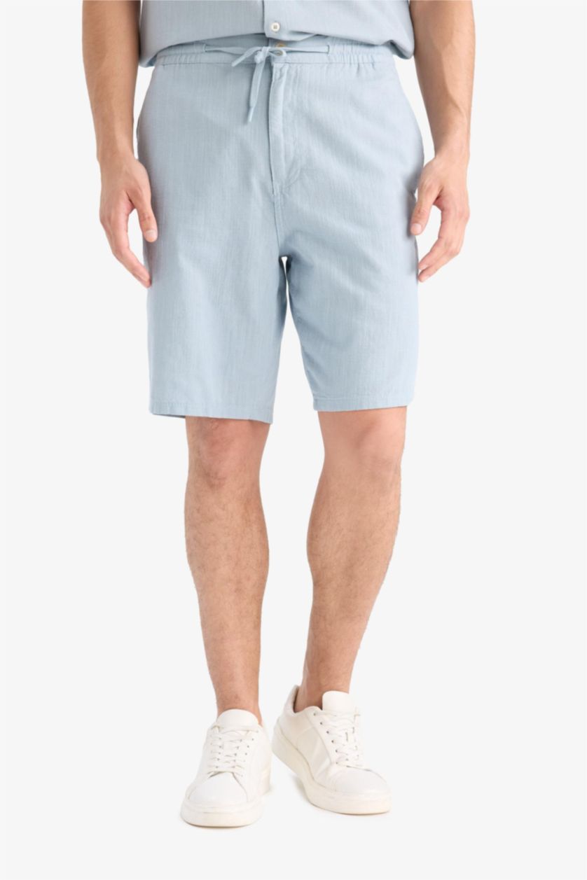 Man Light Blue Cotton Relax Fit Pocketed Linen Look Bermuda Shorts