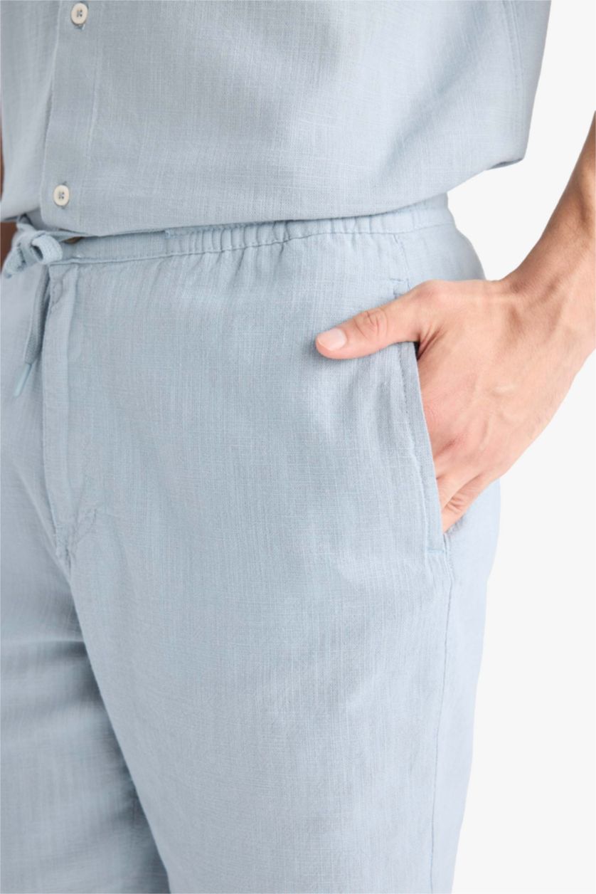 Man Light Blue Cotton Relax Fit Pocketed Linen Look Bermuda Shorts