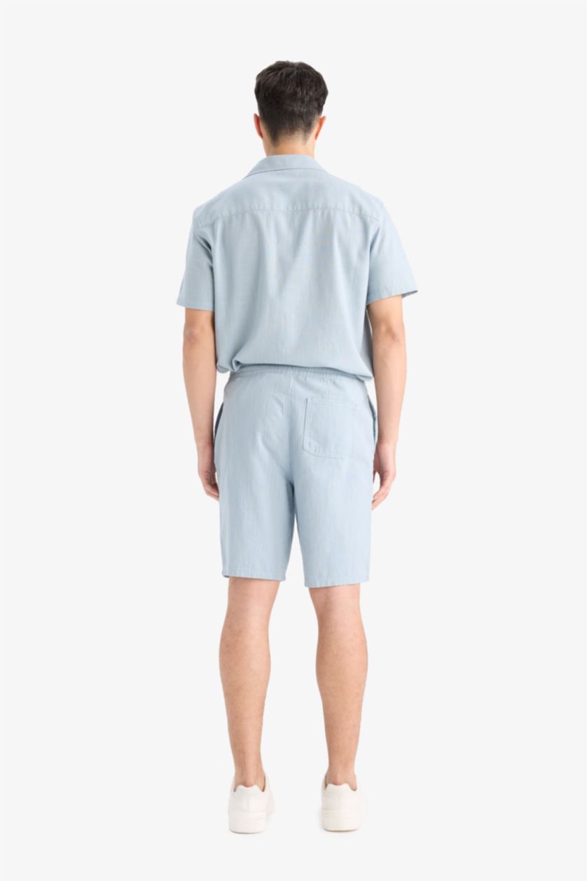 Man Light Blue Cotton Relax Fit Pocketed Linen Look Bermuda Shorts