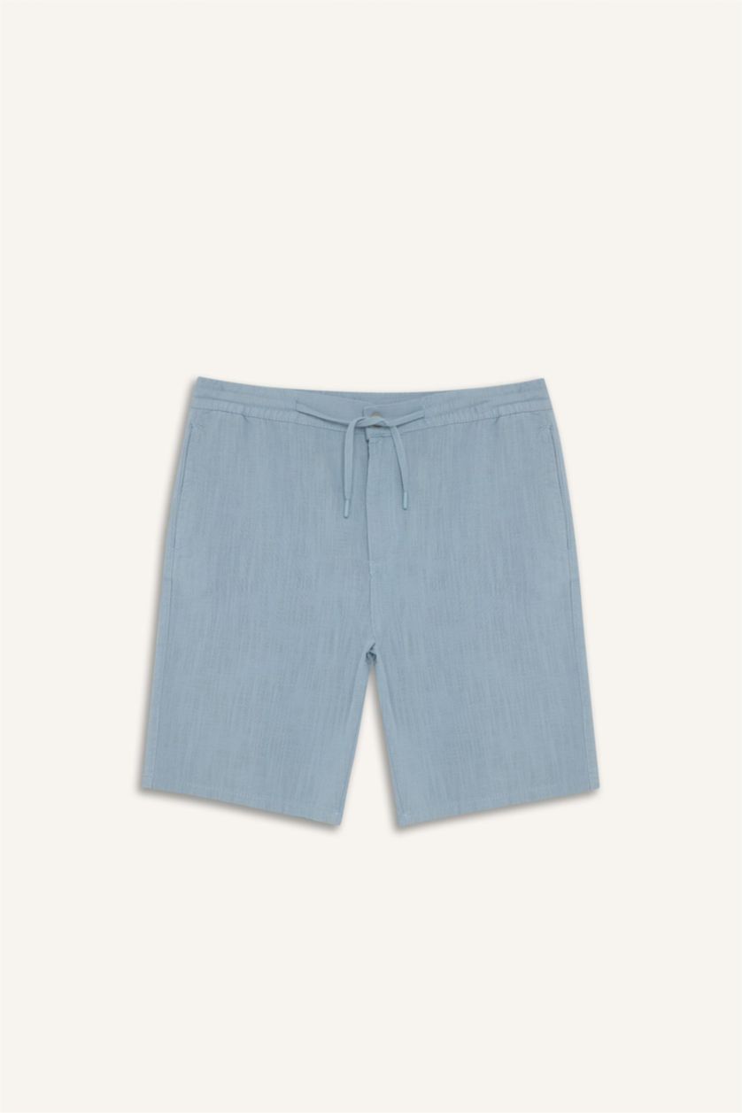 Man Light Blue Cotton Relax Fit Pocketed Linen Look Bermuda Shorts