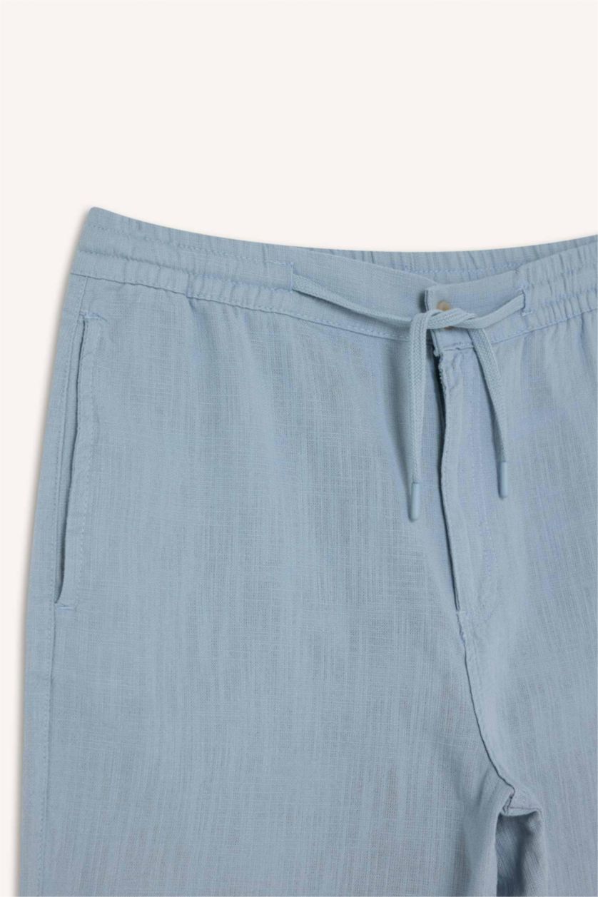 Man Light Blue Cotton Relax Fit Pocketed Linen Look Bermuda Shorts
