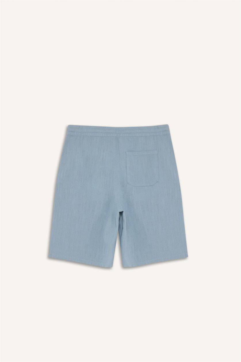 Man Light Blue Cotton Relax Fit Pocketed Linen Look Bermuda Shorts