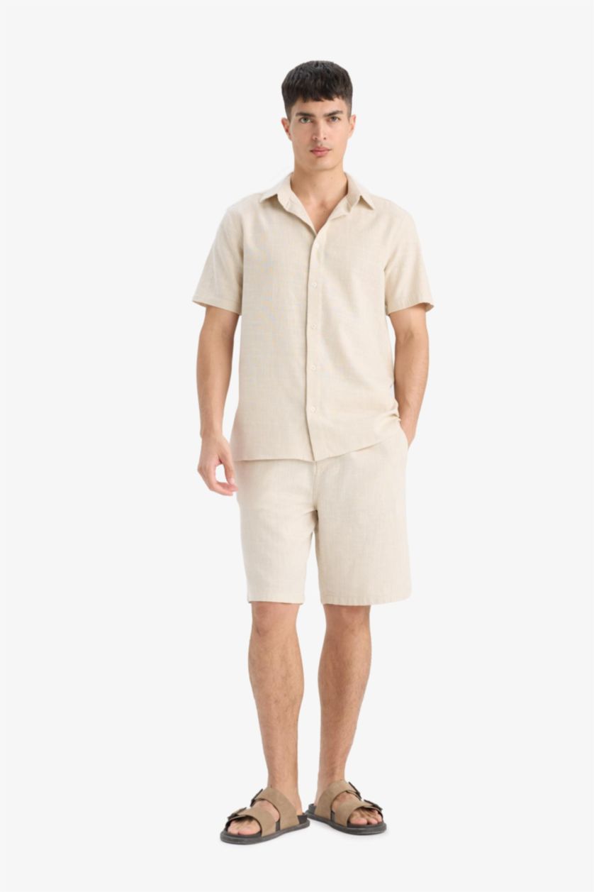 Man Light Beige Cotton Relax Fit Pocketed Linen Look Bermuda Shorts