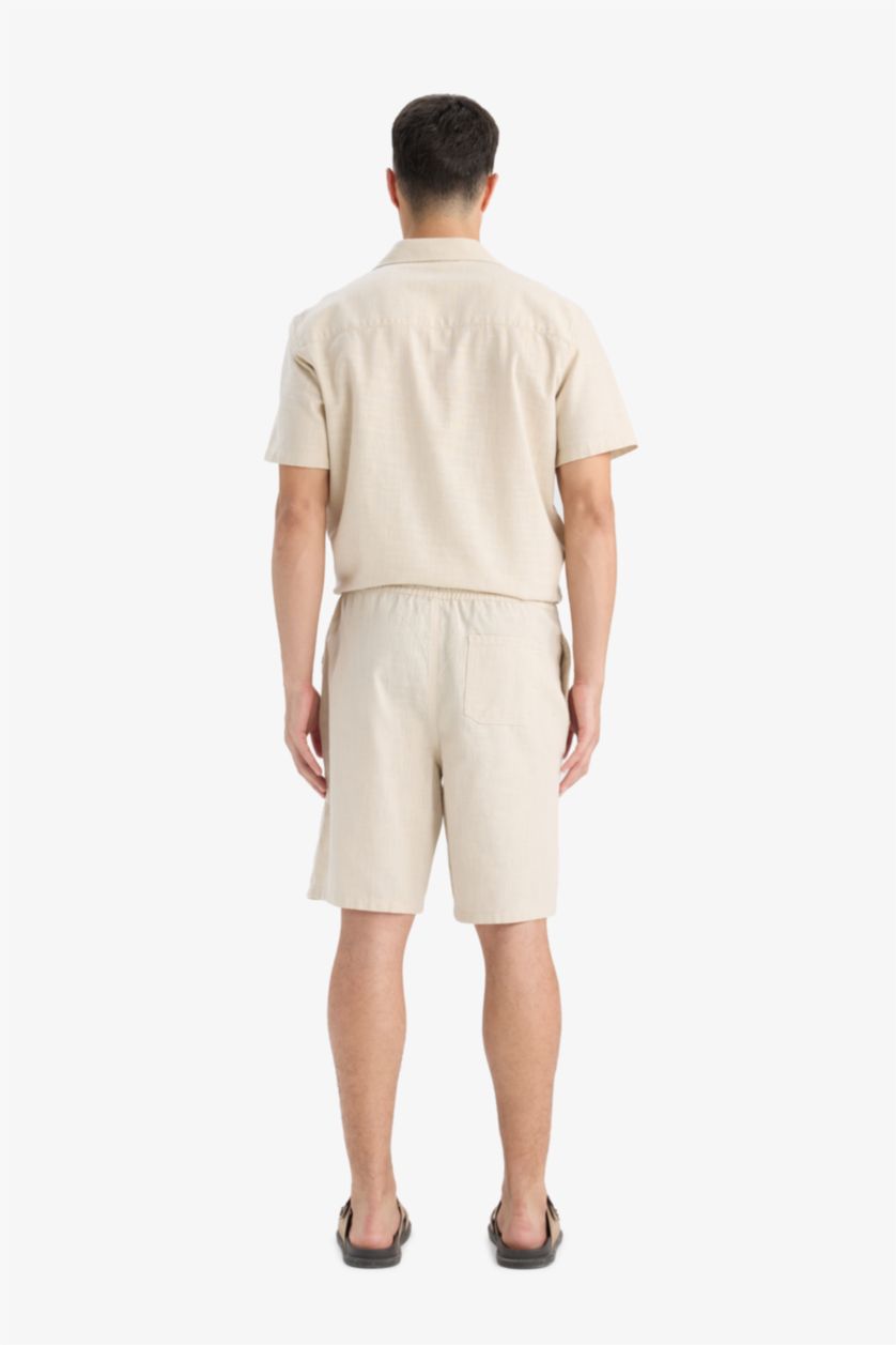 Man Light Beige Cotton Relax Fit Pocketed Linen Look Bermuda Shorts