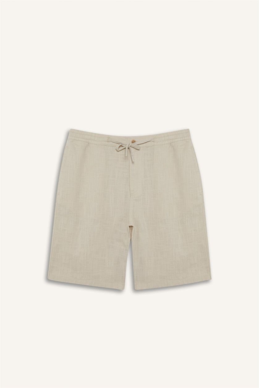 Man Light Beige Cotton Relax Fit Pocketed Linen Look Bermuda Shorts