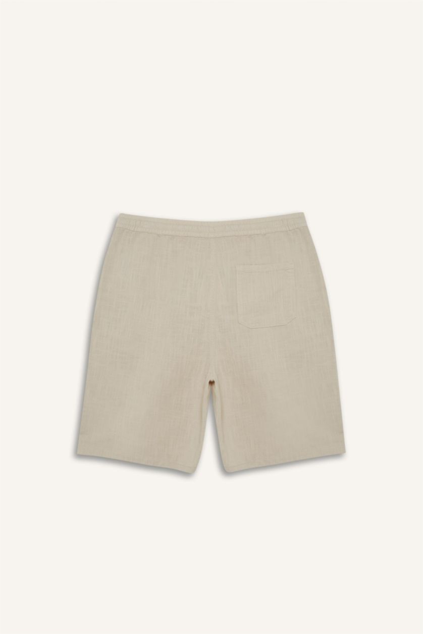 Man Light Beige Cotton Relax Fit Pocketed Linen Look Bermuda Shorts