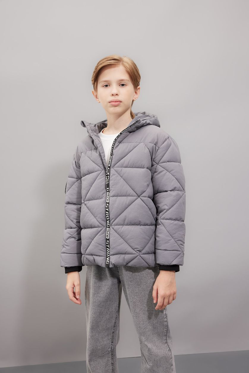 Boys & Teens Grey Boy Waterproof Hooded Zippered Puffer Jacket