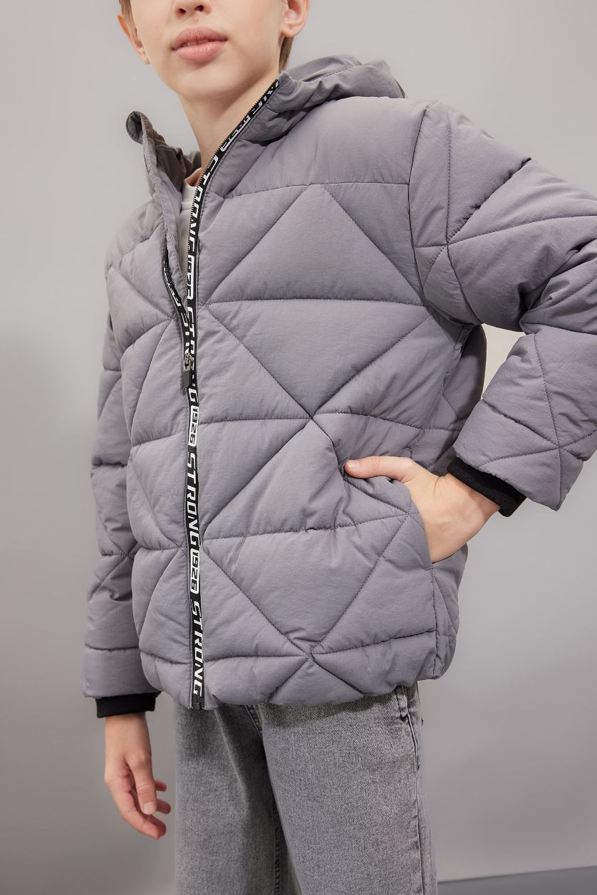 Boys & Teens Grey Boy Waterproof Hooded Zippered Puffer Jacket