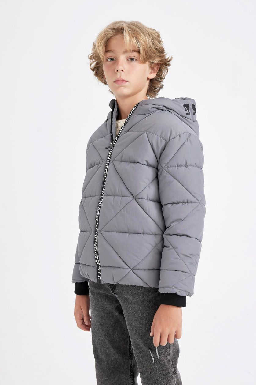 Boys & Teens Grey Boy Waterproof Hooded Zippered Puffer Jacket