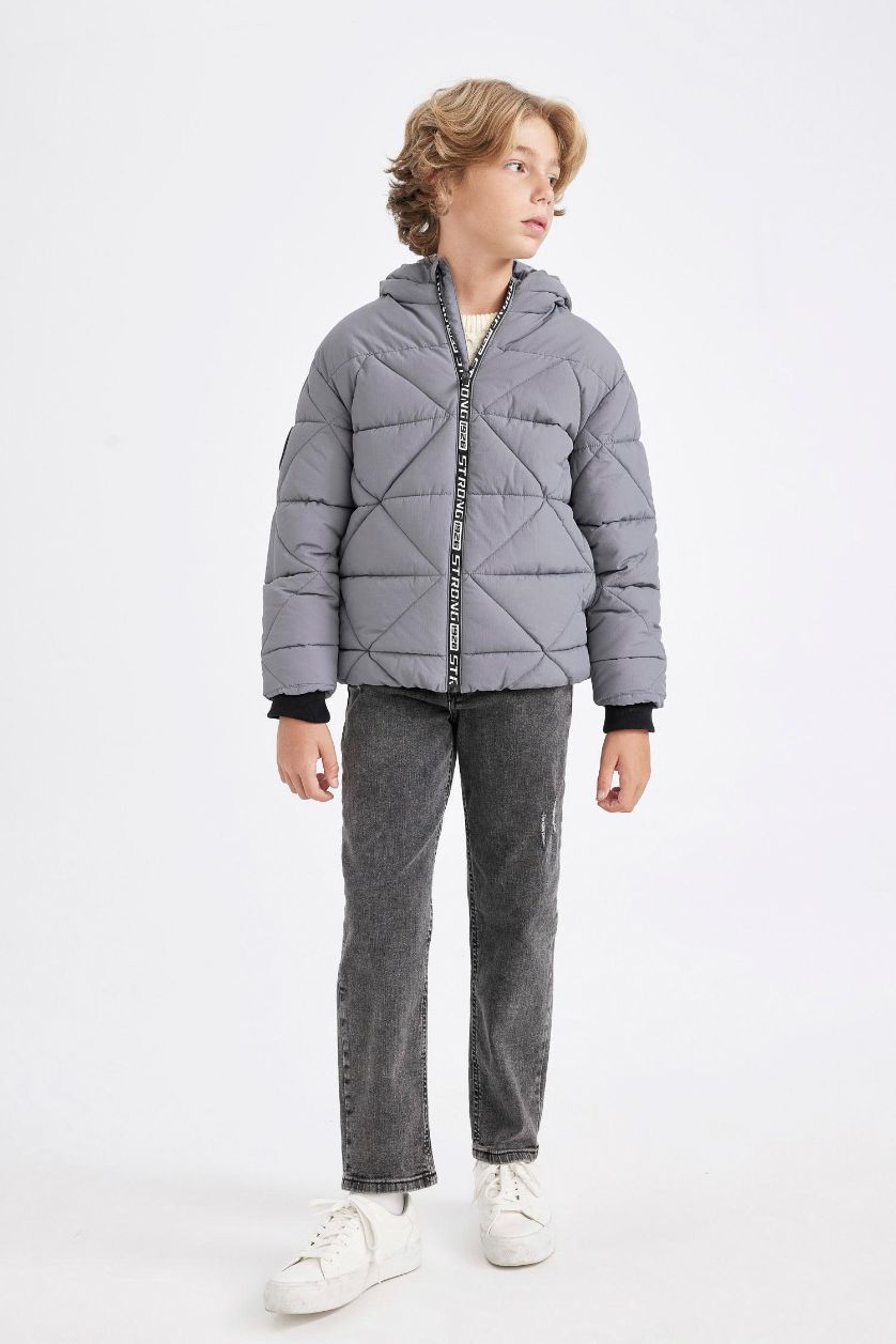 Boys & Teens Grey Boy Waterproof Hooded Zippered Puffer Jacket