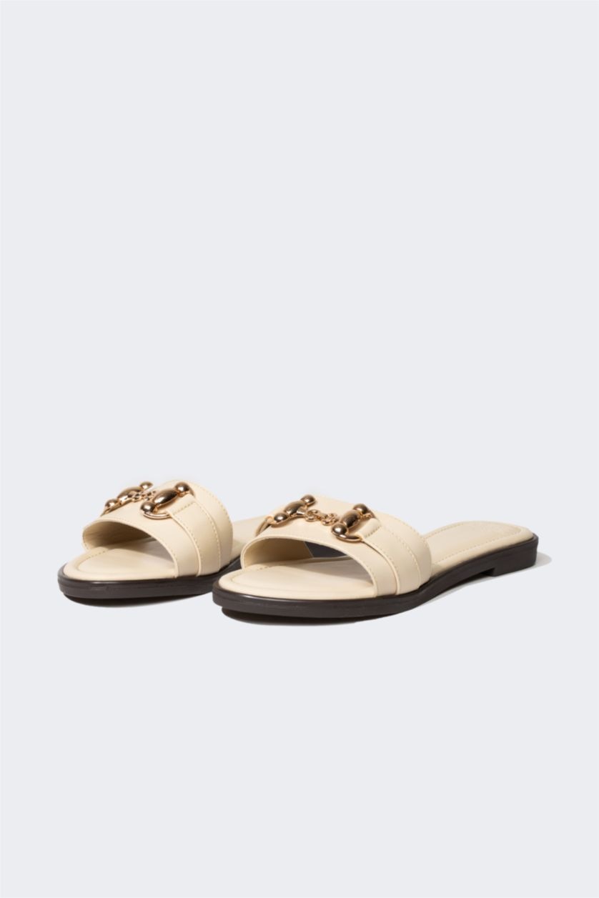 WOMAN Beige Woman Flat Sole Single Strap Faux Leather Slippers