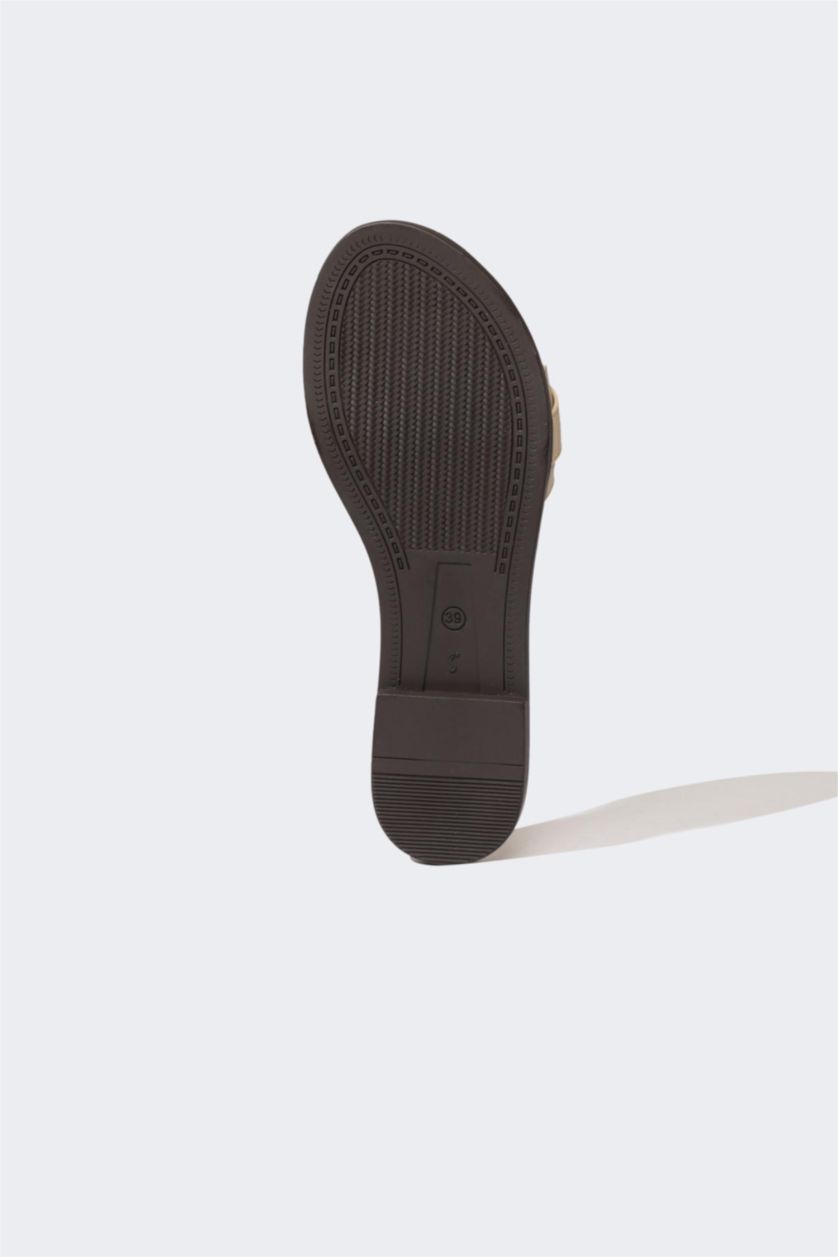 WOMAN Beige Woman Flat Sole Single Strap Faux Leather Slippers