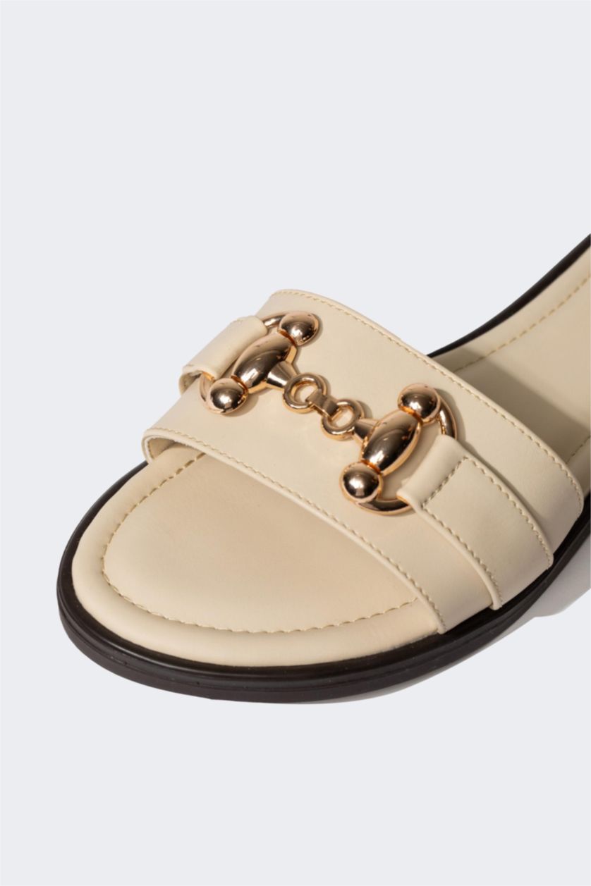 WOMAN Beige Woman Flat Sole Single Strap Faux Leather Slippers