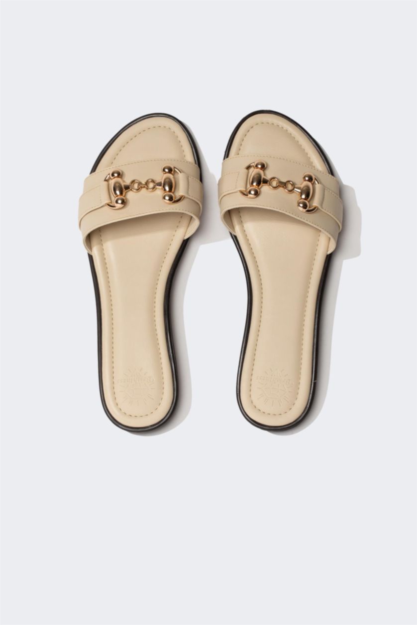 WOMAN Beige Woman Flat Sole Single Strap Faux Leather Slippers