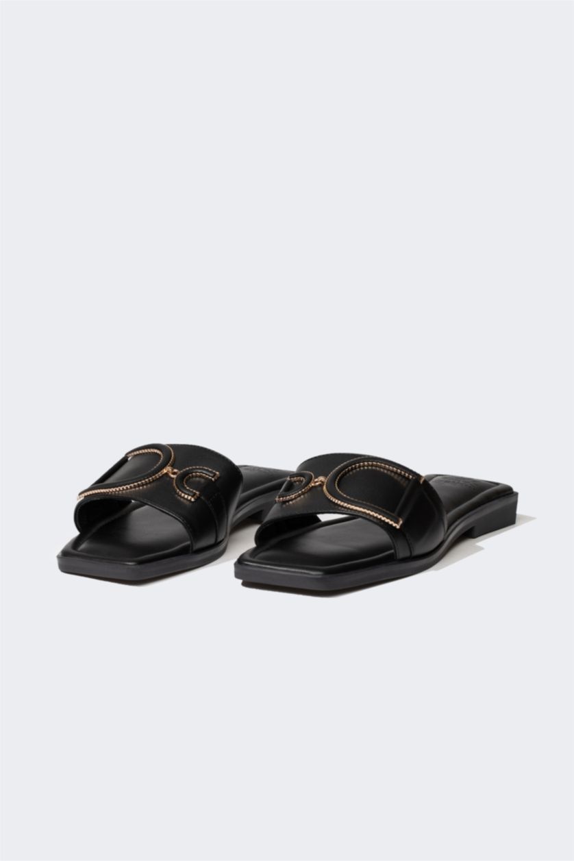 WOMAN Black Woman Flat Sole Single Strap Faux Leather Slippers