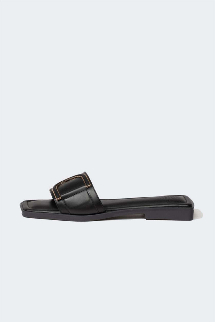 WOMAN Black Woman Flat Sole Single Strap Faux Leather Slippers