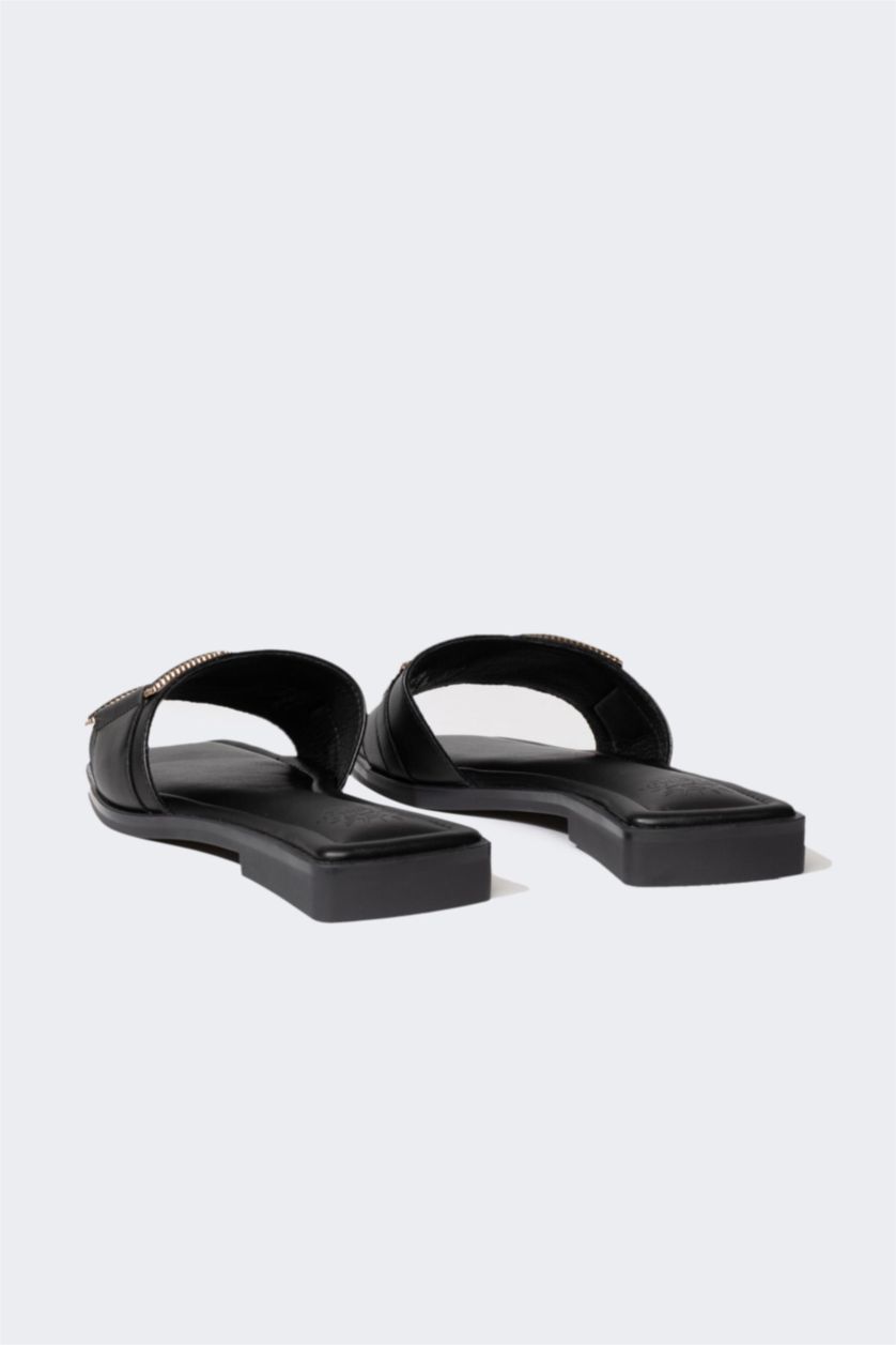 WOMAN Black Woman Flat Sole Single Strap Faux Leather Slippers