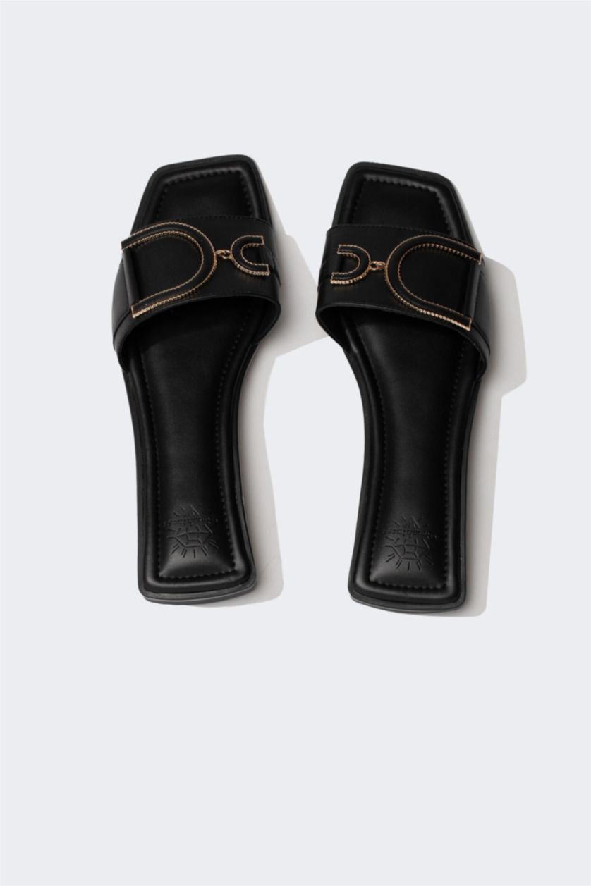 WOMAN Black Woman Flat Sole Single Strap Faux Leather Slippers