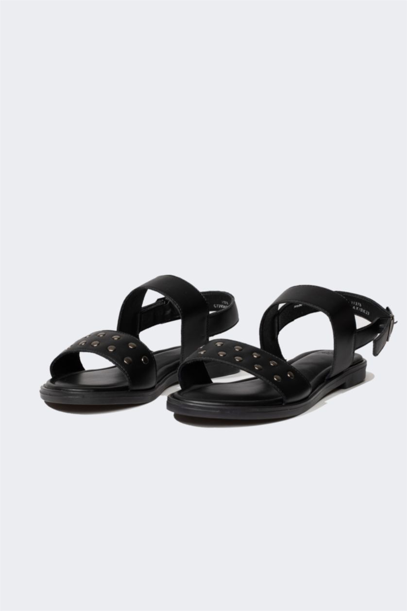 FEMME Noir Sandales à enfiler à Semelle Plate pour Femme