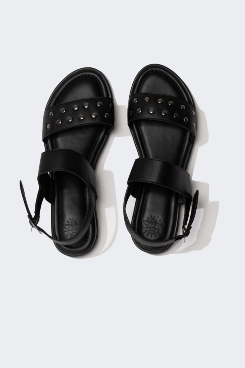 FEMME Noir Sandales à enfiler à Semelle Plate pour Femme