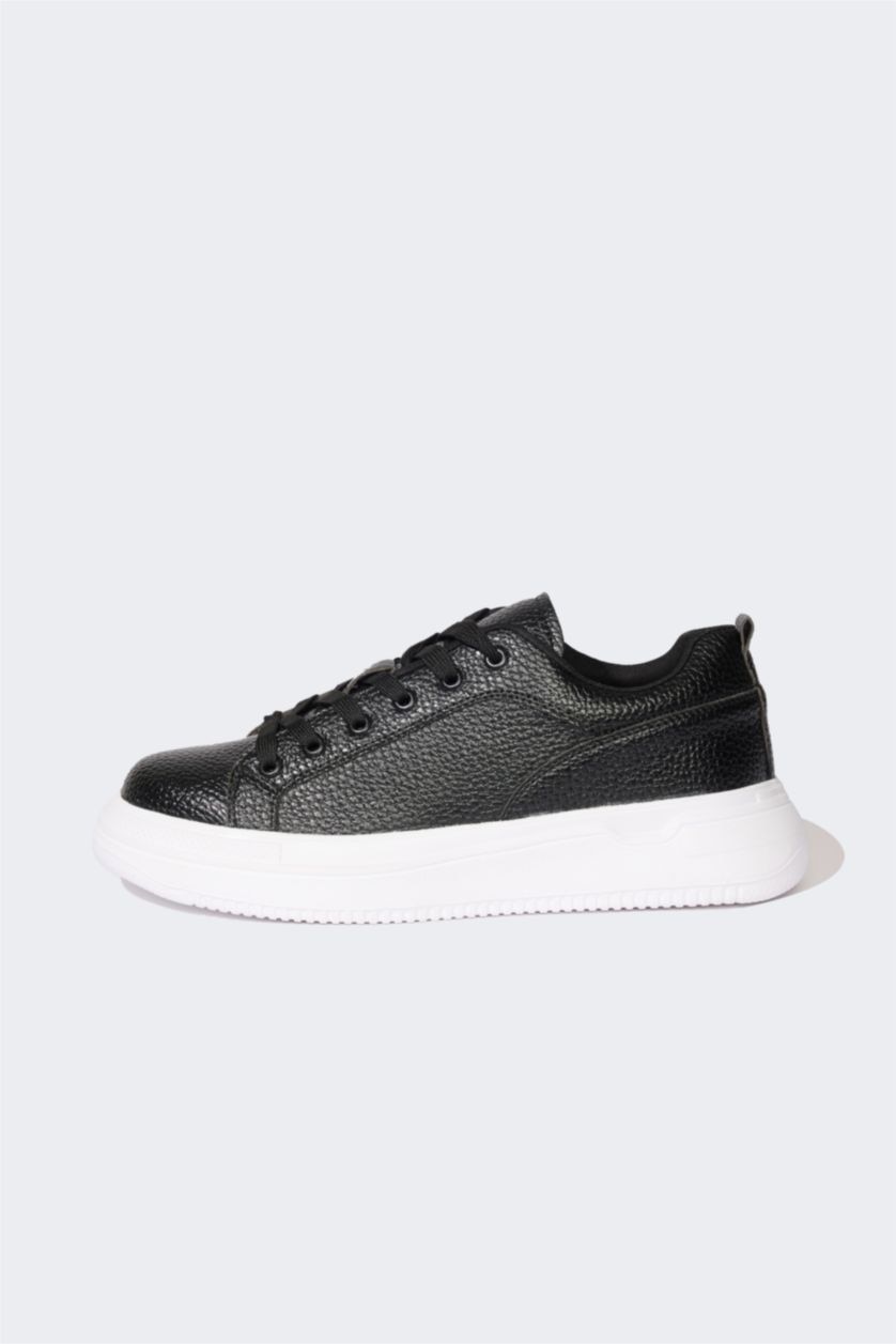 HOMME Noir Baskets en Simili-cuir à semelle plate pour Homme