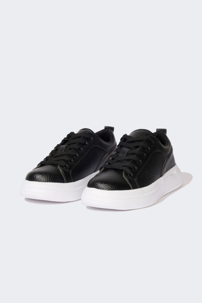 HOMME Noir Baskets en Simili-cuir à semelle plate pour Homme