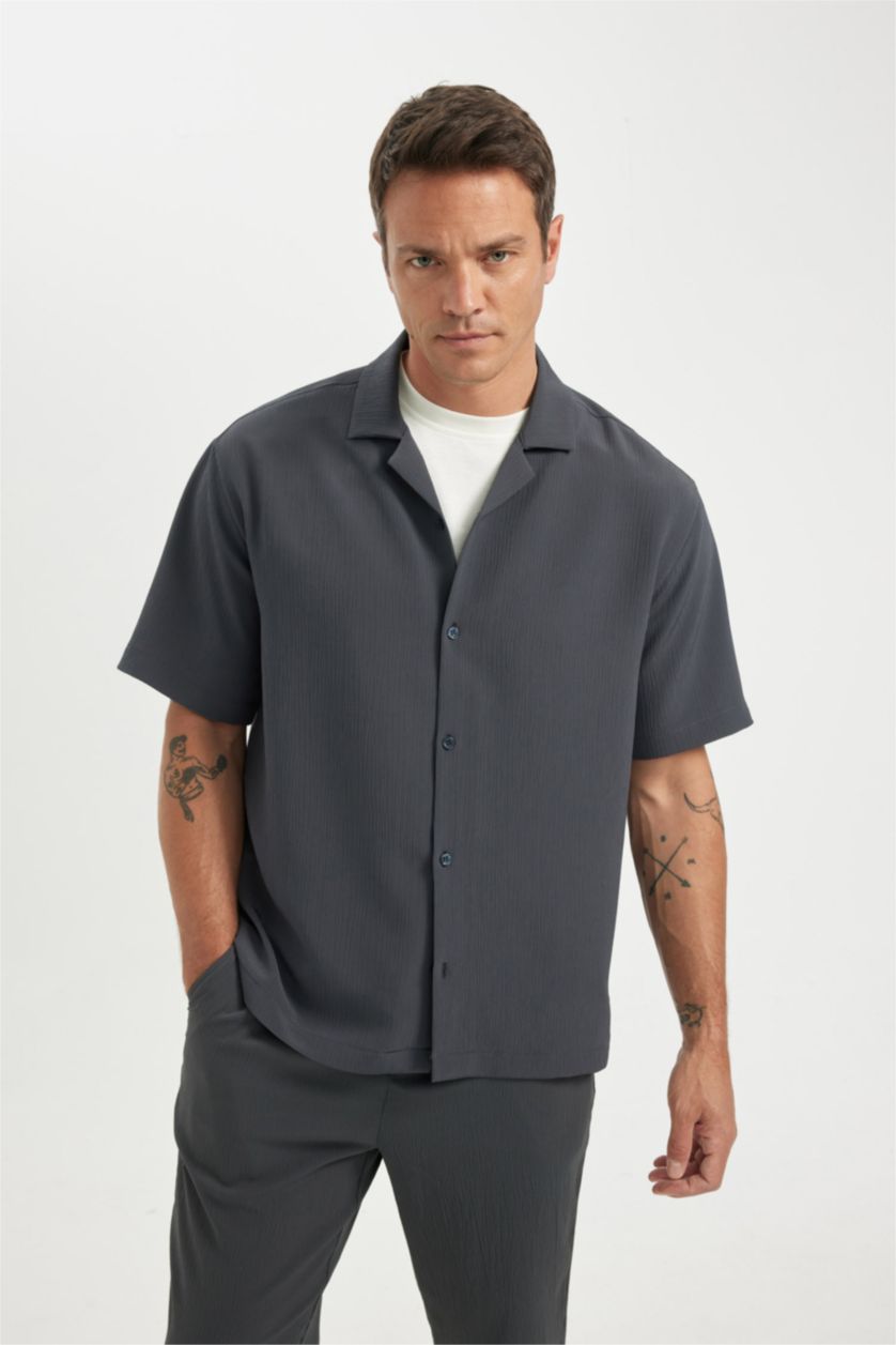 HOMME Anthracite Foncé Chemise Coupe Relax à Manches Courtes en Tissu Froissé Col Polo