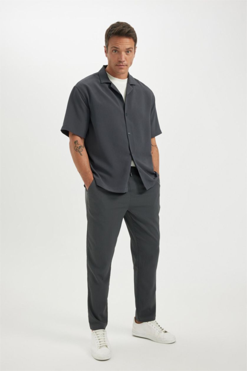 HOMME Anthracite Foncé Chemise Coupe Relax à Manches Courtes en Tissu Froissé Col Polo