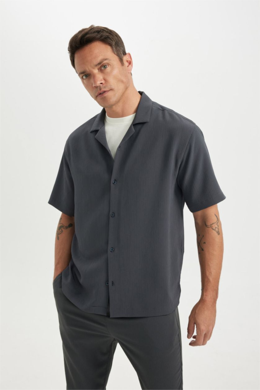 HOMME Anthracite Foncé Chemise Coupe Relax à Manches Courtes en Tissu Froissé Col Polo