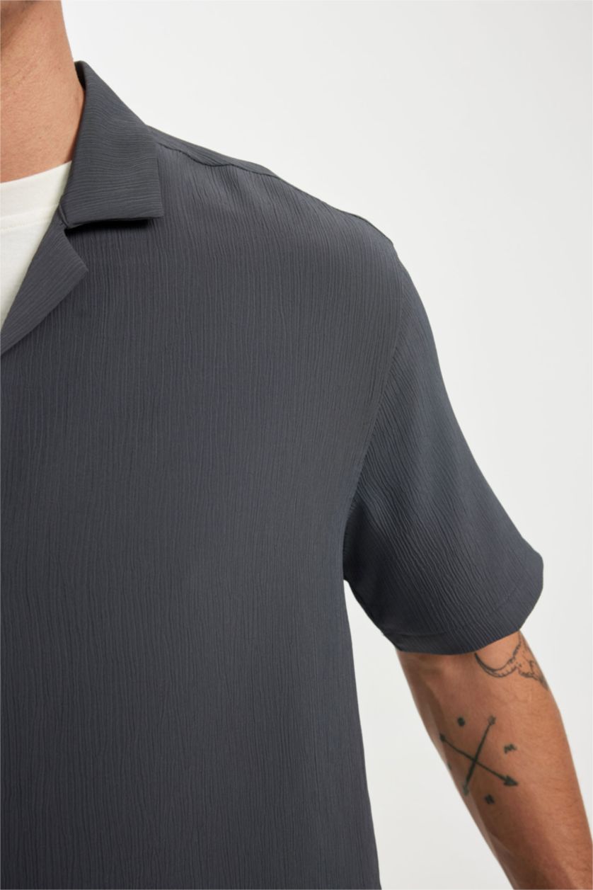 HOMME Anthracite Foncé Chemise Coupe Relax à Manches Courtes en Tissu Froissé Col Polo