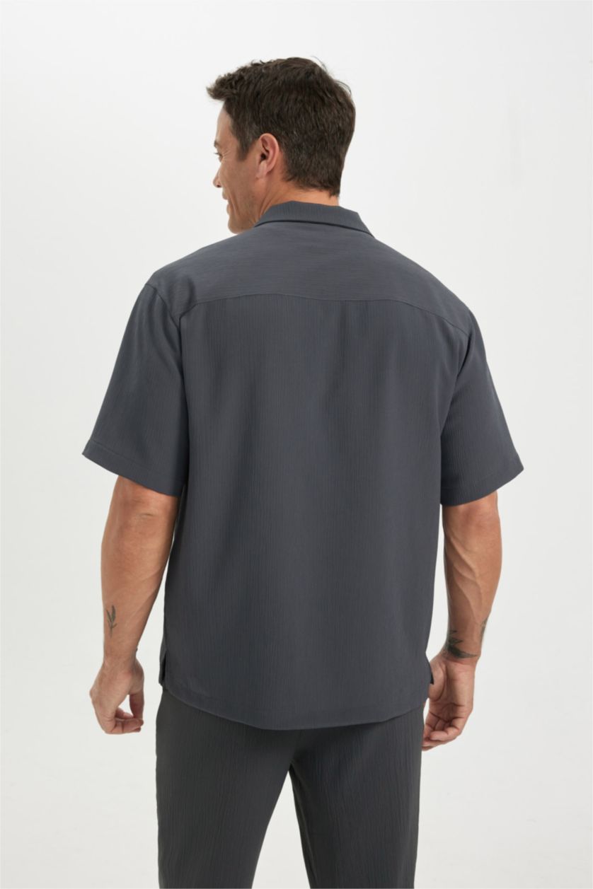 HOMME Anthracite Foncé Chemise Coupe Relax à Manches Courtes en Tissu Froissé Col Polo