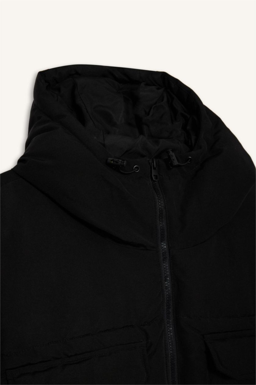 Erkek Siyah Slim Fit Şişme Mont Dar Kesim Kapüşonlu Cepli Fermuarlı