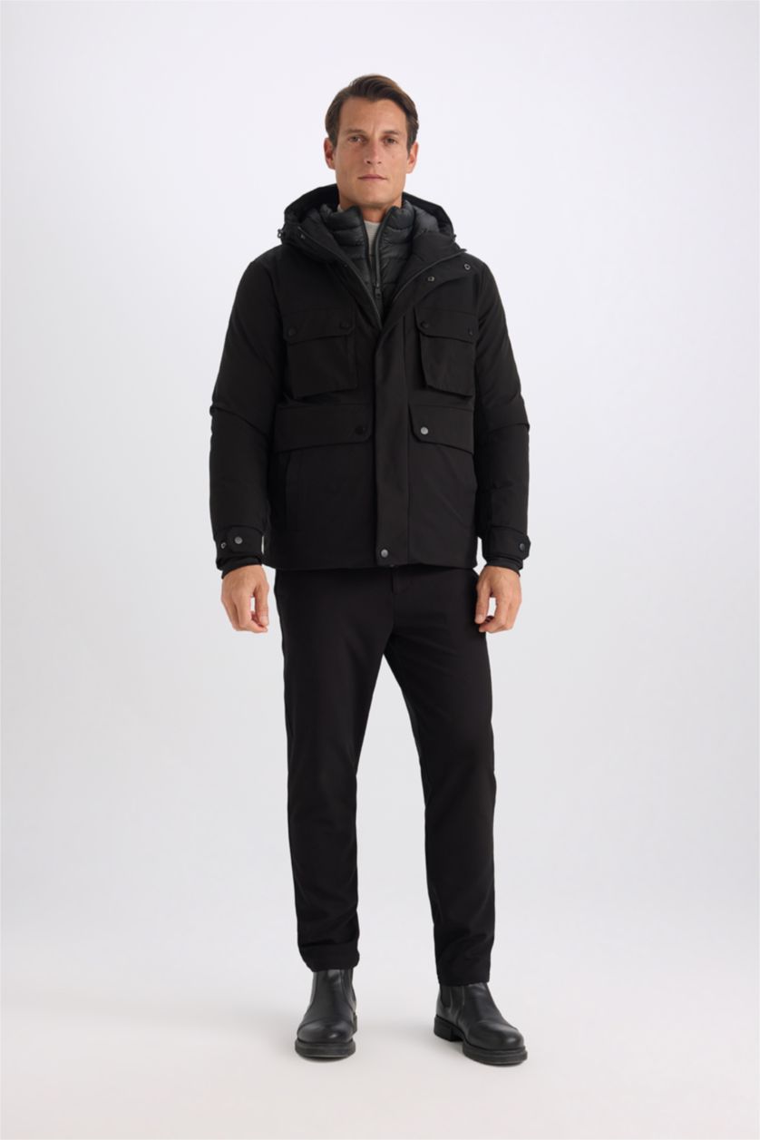 Erkek Siyah Su İtici Slim Fit Dar Kesim Kapüşonlu Fermuarlı Çıtçıt Kapamalı Cepli Mont