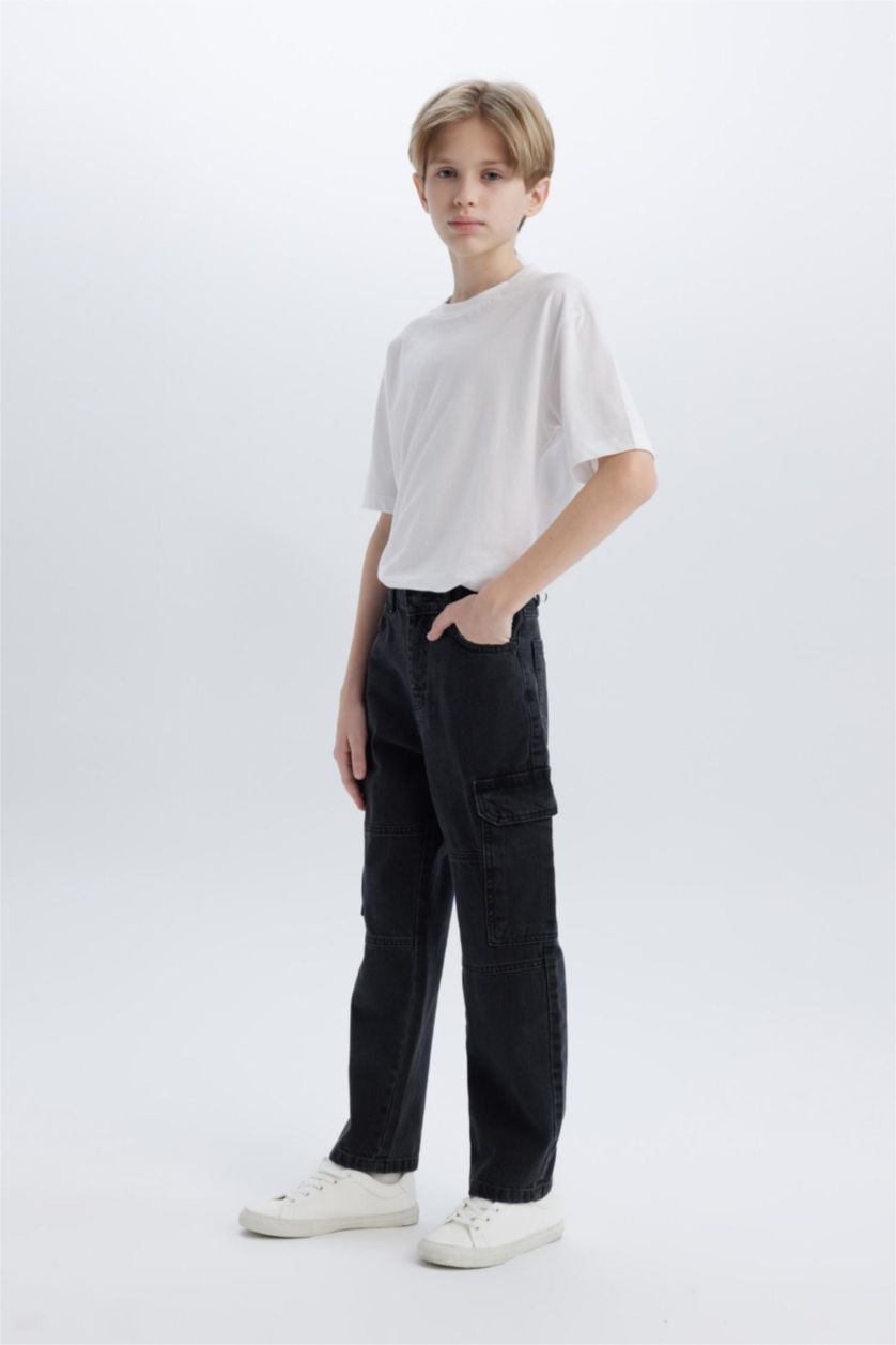 Erkek Çocuk - Genç Erkek Siyah Kargo Fit Jean Pantolon Erkek Çocuk