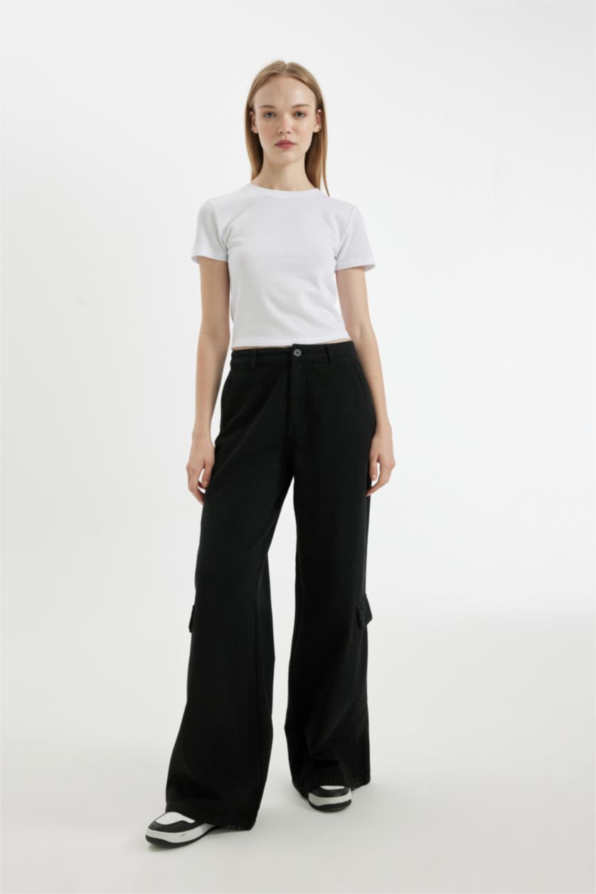 FEMME Noir Pantalon en Gabardine à Jambes Larges