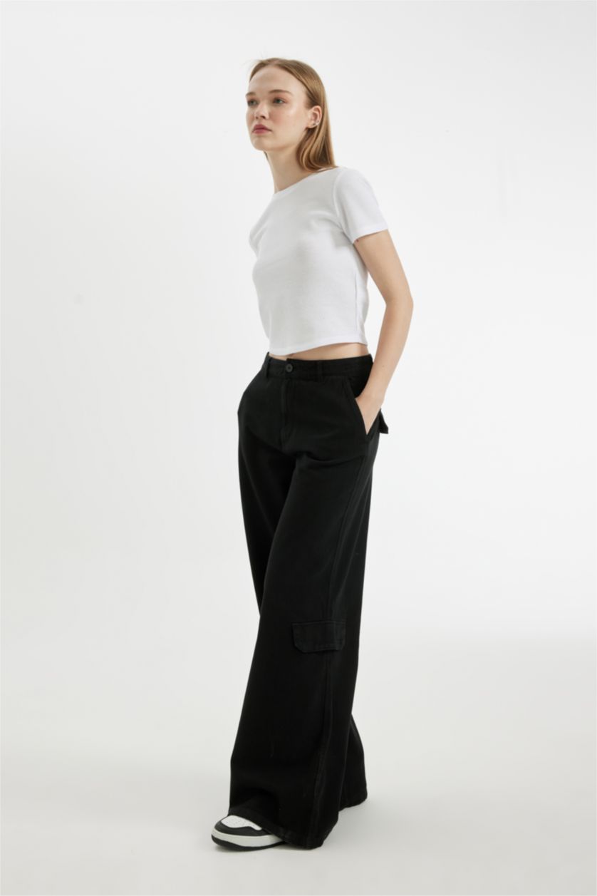 FEMME Noir Pantalon en Gabardine à Jambes Larges