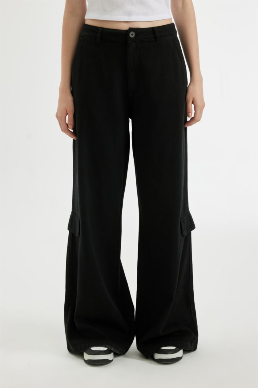FEMME Noir Pantalon en Gabardine à Jambes Larges