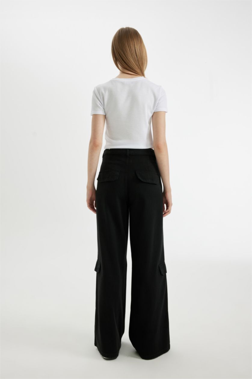 FEMME Noir Pantalon en Gabardine à Jambes Larges
