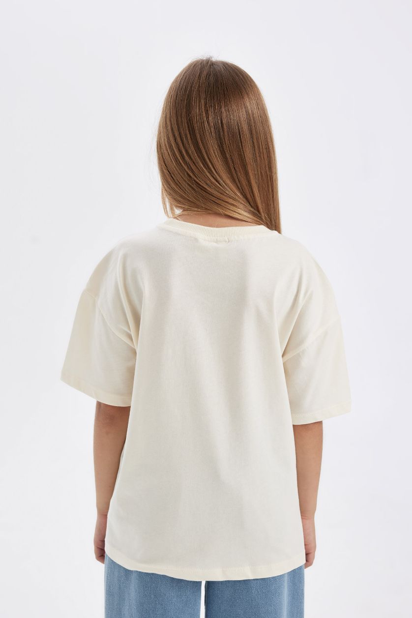 Kız Çocuk - Genç Kız Ekru Kız Çocuk Disney Mickey & Minnie Oversize Geniş Kalıp Bisiklet Yaka Kısa Kollu Tişört