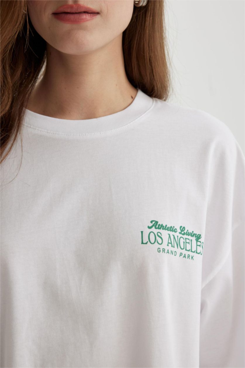 Woman White Oversize Fit Crew Neck Slogan Short Sleeve T-Shirt