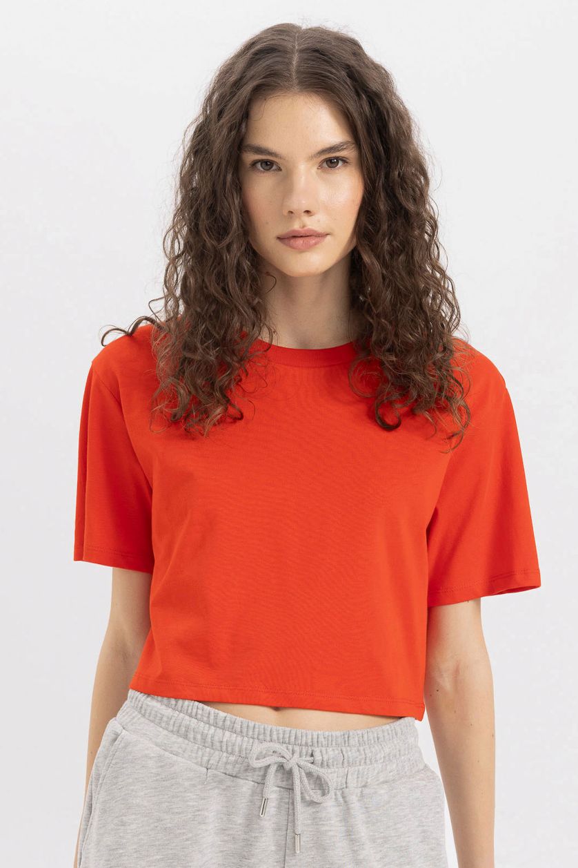 نساء أحمر تيشيرت نص كم واسع برقبة مستديرة