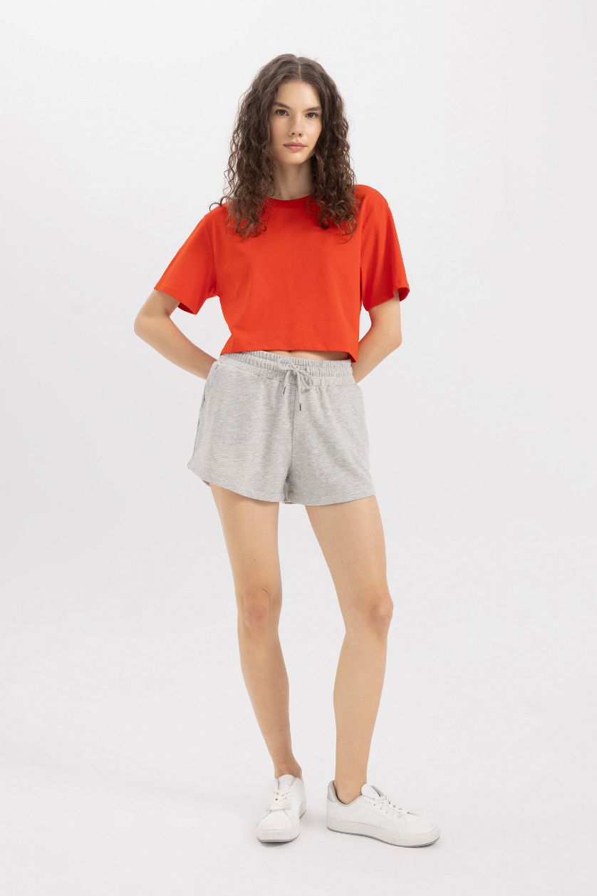 نساء أحمر تيشيرت نص كم واسع برقبة مستديرة