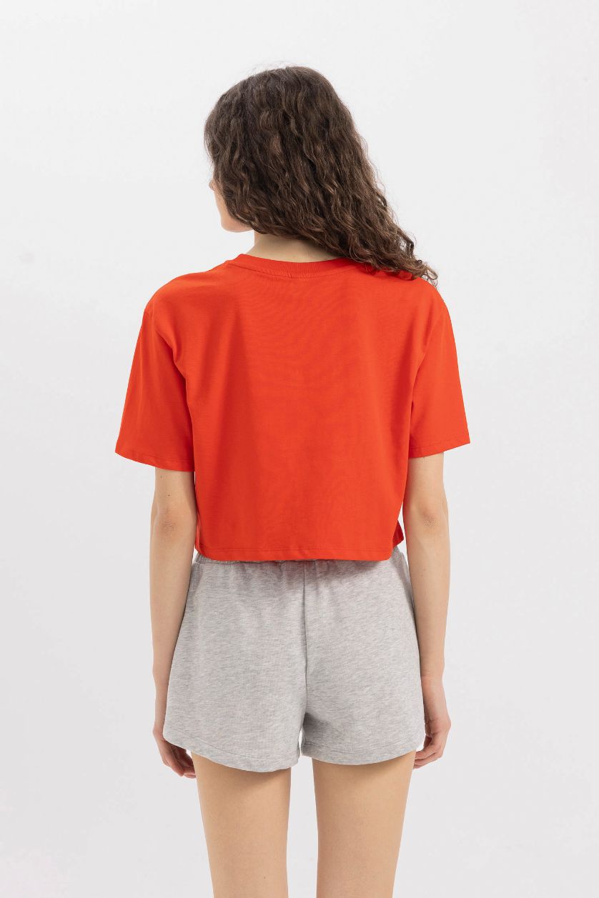 نساء أحمر تيشيرت نص كم واسع برقبة مستديرة